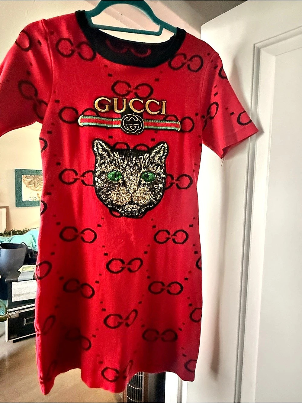 Gucci Style Red & Black Cat Mini Sweater Dress